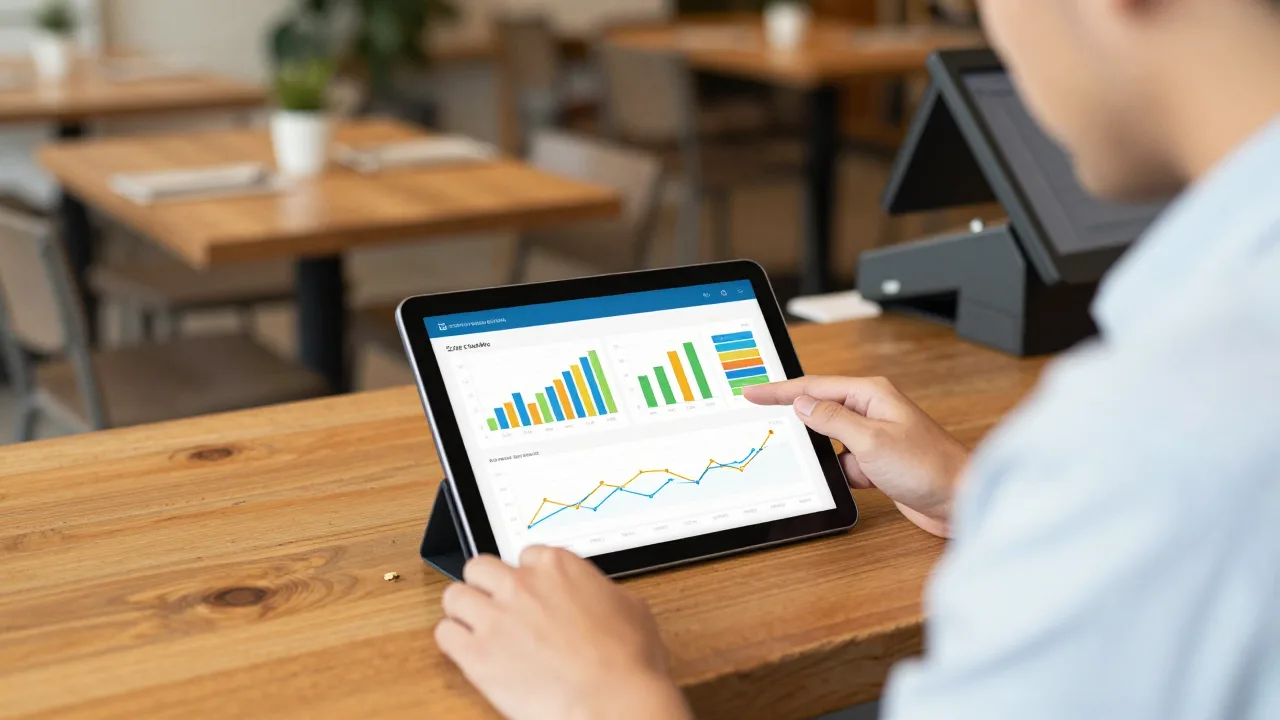 A restaurant manager reviewing a sales analytics dashboard with charts on a tablet at a cafe back counter